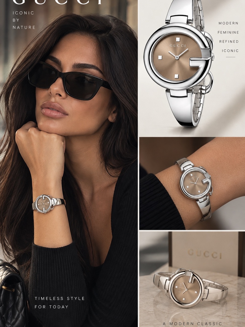 Gucci Guccissima Watch Silver-Tone Bangle Bracelet Watch with Champagne Dial